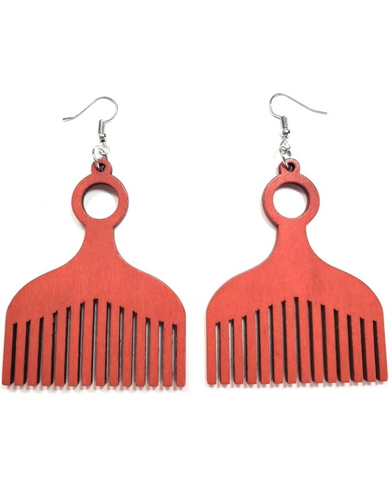 African Nubian Afrocentric Afro Pick Comb Style Women Hair Wood Natural Colorful Drop Dangle Earrings Red $7.50 Earrings