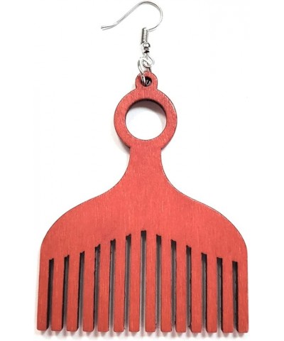 African Nubian Afrocentric Afro Pick Comb Style Women Hair Wood Natural Colorful Drop Dangle Earrings Red $7.50 Earrings