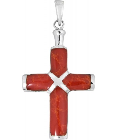 Christian Cross Reconstructed Red Coral Inlay .925 Sterling Silver Pendant $14.40 Necklaces