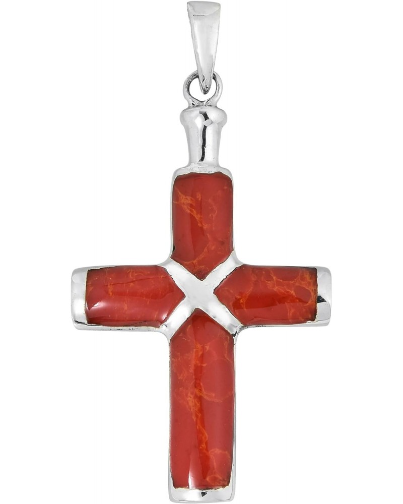 Christian Cross Reconstructed Red Coral Inlay .925 Sterling Silver Pendant $14.40 Necklaces