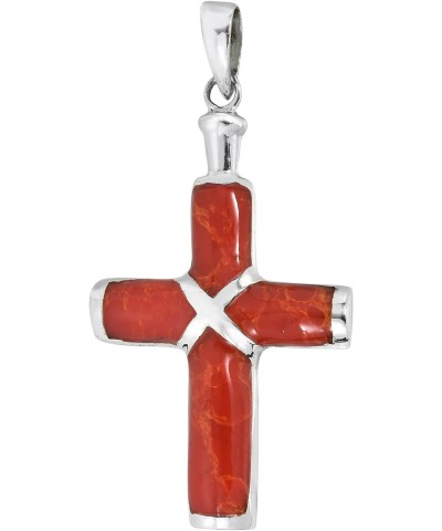 Christian Cross Reconstructed Red Coral Inlay .925 Sterling Silver Pendant $14.40 Necklaces