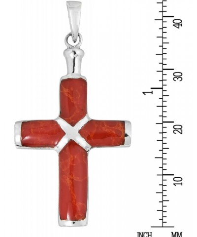 Christian Cross Reconstructed Red Coral Inlay .925 Sterling Silver Pendant $14.40 Necklaces