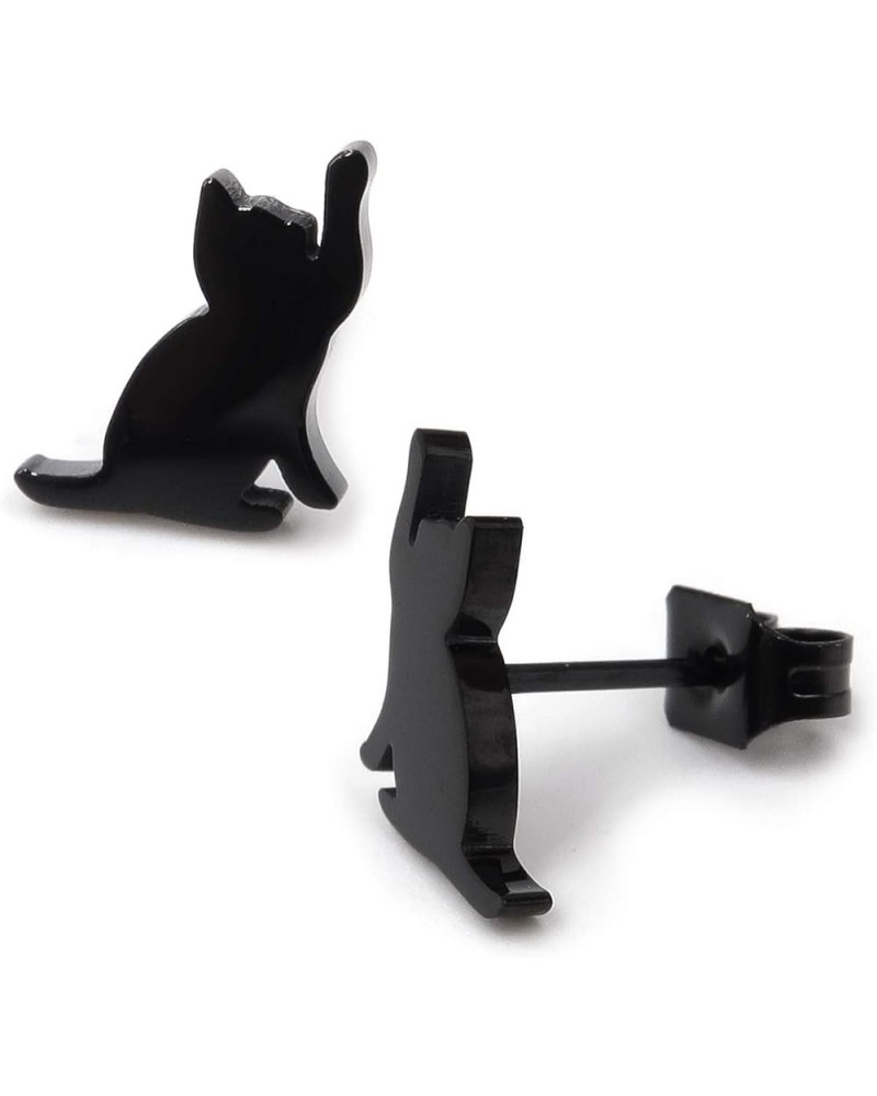 Stainless Steel Cute Black Cat Silhouette Post Stud Earrings Play Sit Jump Raising Hand $10.02 Earrings