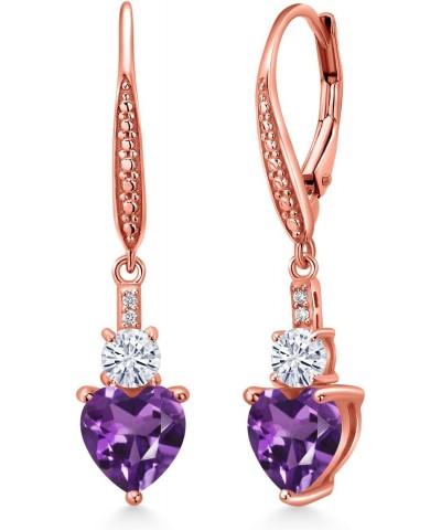 18K Rose Gold Plated Silver Purple Amethyst White Moissanite from Charles & Colvard and White Lab Grown Diamond Drop Dangle E...