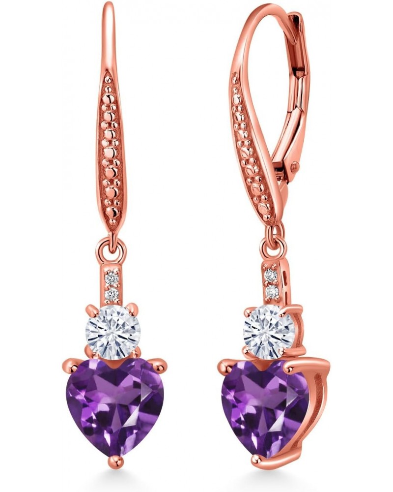 18K Rose Gold Plated Silver Purple Amethyst White Moissanite from Charles & Colvard and White Lab Grown Diamond Drop Dangle E...