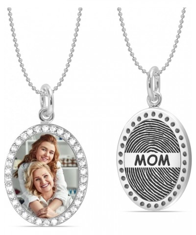 Personalized Customized Engraved Text With Finger Print on Back | Custom Photo on Front CZ Frame Oval Pendant Memorial Thumb ...