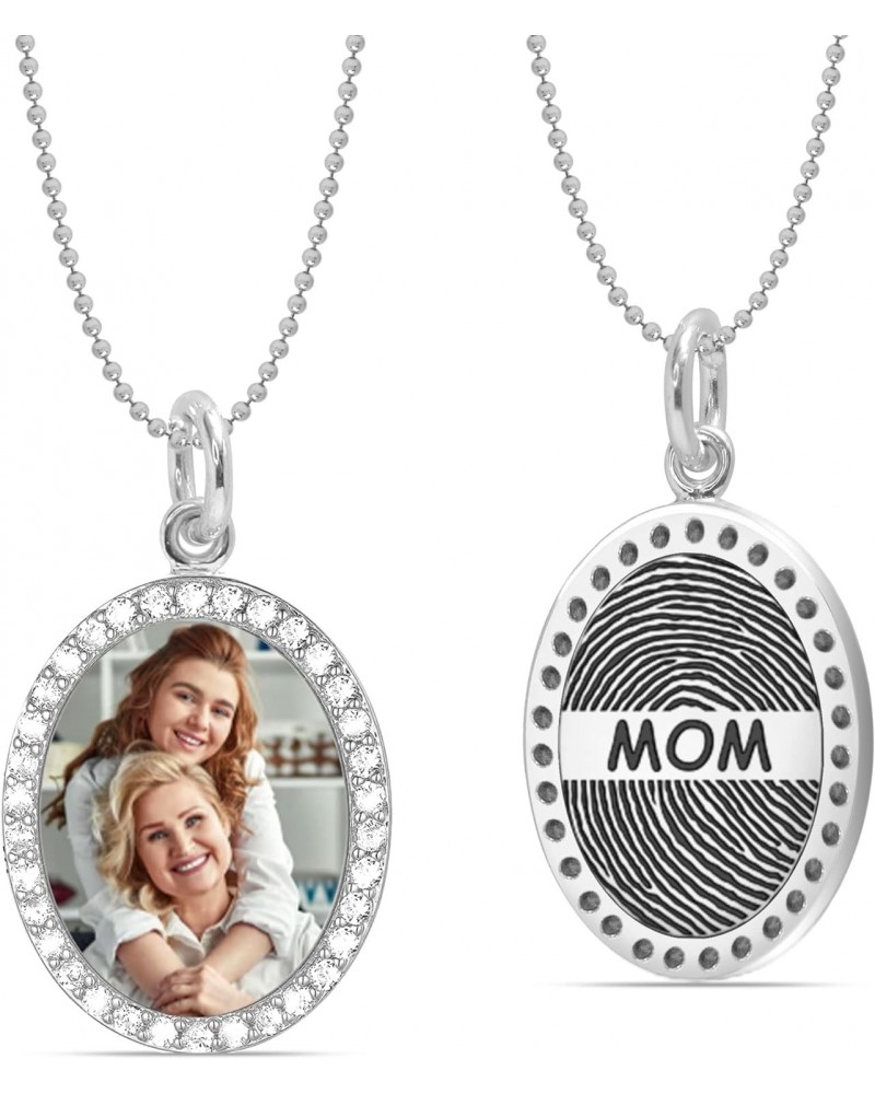 Personalized Customized Engraved Text With Finger Print on Back | Custom Photo on Front CZ Frame Oval Pendant Memorial Thumb ...