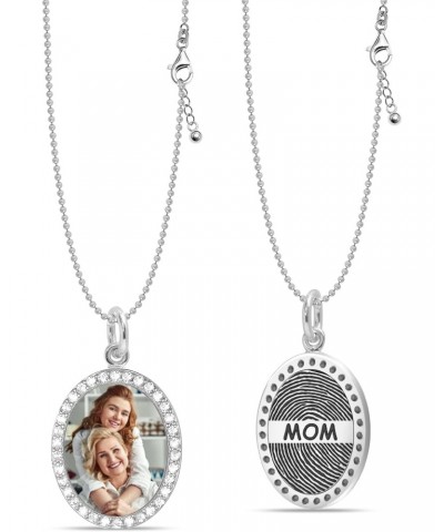 Personalized Customized Engraved Text With Finger Print on Back | Custom Photo on Front CZ Frame Oval Pendant Memorial Thumb ...