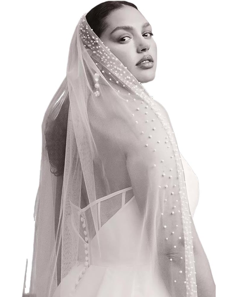 1Tier Champagne Pearl Wedding Veil Ivory Cathedral Pearl Veils Chapel Bridal Veil Pearl Veils For Brides Ivory Pearls Lined/I...