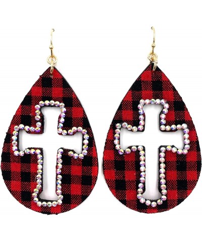 Rhinestone AB Stone Cross Outline Checkered Plaid Large Teardrop Earrings Red $11.59 Earrings