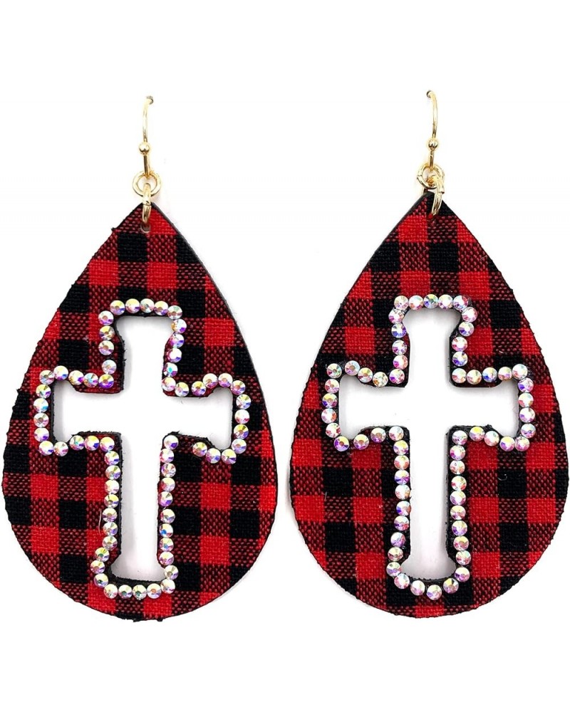 Rhinestone AB Stone Cross Outline Checkered Plaid Large Teardrop Earrings Red $11.59 Earrings