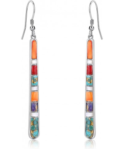 Turquoise Bar Earrings for Women - 925 Sterling Silver Multicolor Gemstones Dangle Earrings Bohemian Style Statement Earrings...