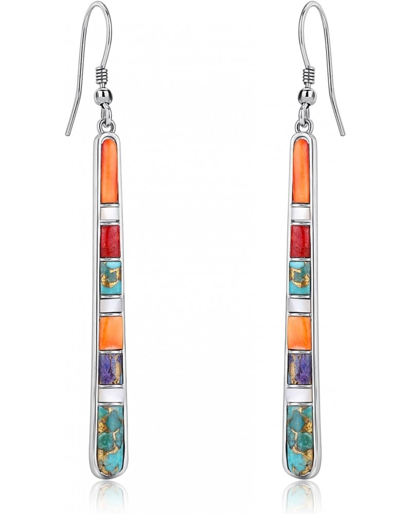 Turquoise Bar Earrings for Women - 925 Sterling Silver Multicolor Gemstones Dangle Earrings Bohemian Style Statement Earrings...