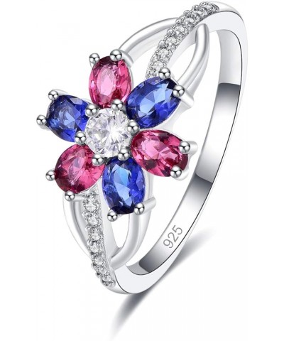 925 Silver Plated Cubic Zirconia Round & Oval Cut Filled Red & Sapphire Quartz Rose Flower Beauty Engagement Ring for Women U...