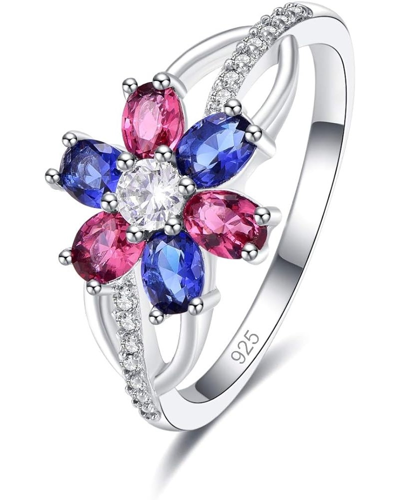 925 Silver Plated Cubic Zirconia Round & Oval Cut Filled Red & Sapphire Quartz Rose Flower Beauty Engagement Ring for Women U...