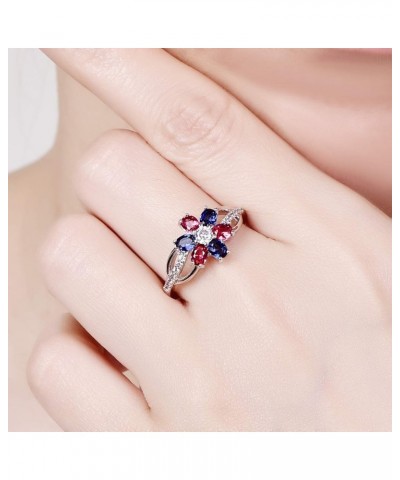 925 Silver Plated Cubic Zirconia Round & Oval Cut Filled Red & Sapphire Quartz Rose Flower Beauty Engagement Ring for Women U...