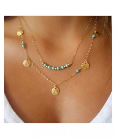 Boho Turquoise Coin Necklace Choker Gold Layered Disc Choker Necklace Station Turquoise Bead Necklace Sequin Coins Necklace C...