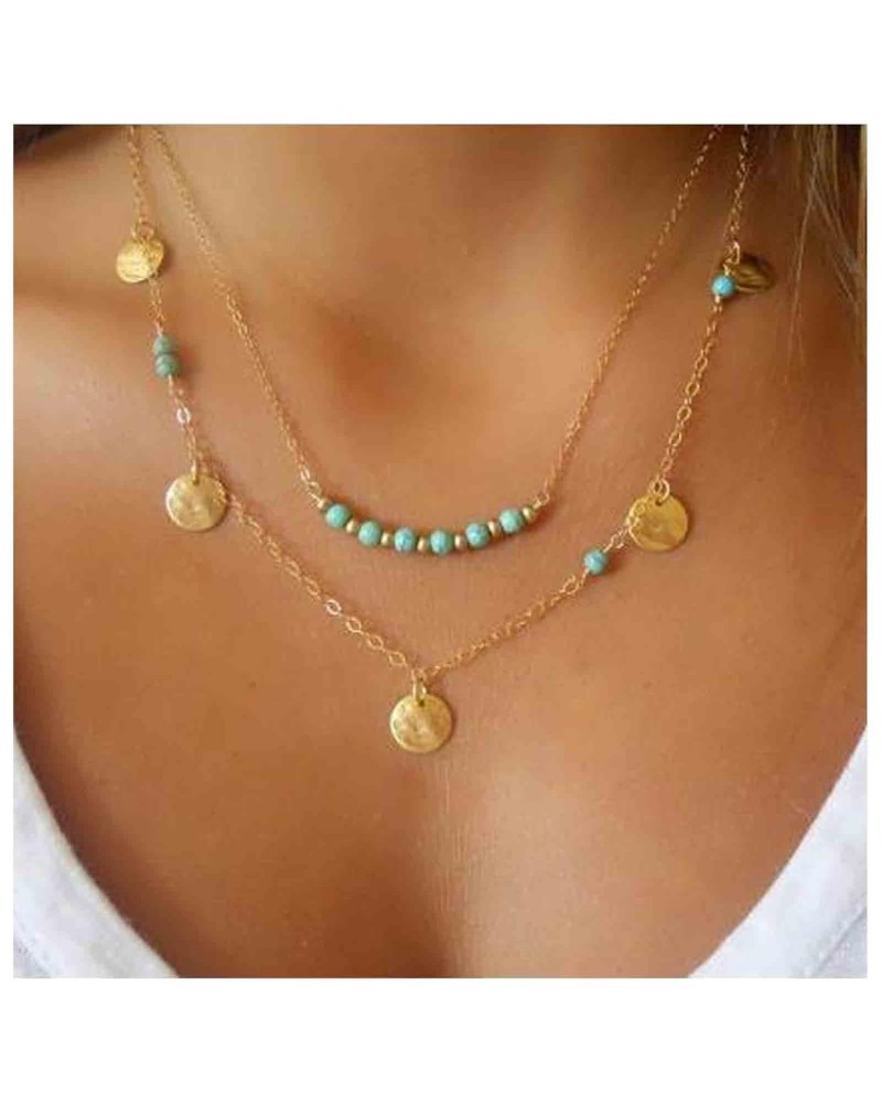 Boho Turquoise Coin Necklace Choker Gold Layered Disc Choker Necklace Station Turquoise Bead Necklace Sequin Coins Necklace C...