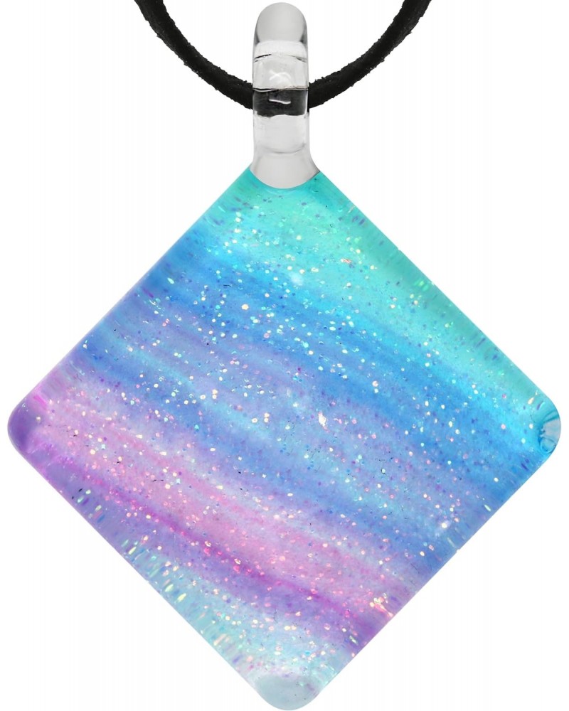 Hand Blown Glass Multicolored Rainbow Striped Square Pendant Necklace for Women, Pastel Green Blue Pink 16-18 inches $11.59 N...