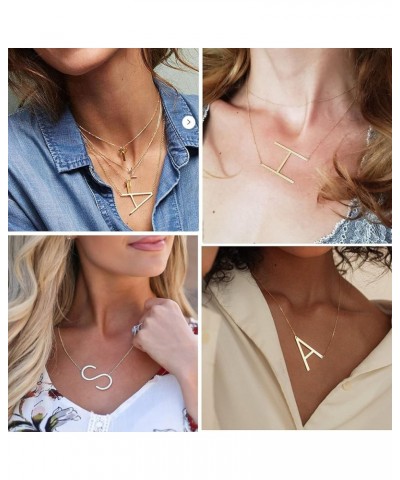 Sideways Large Initial Necklace 18k Gold Plated Stainless Steel Big Letter Script Name Monogram Pendant Necklace for Women Gi...