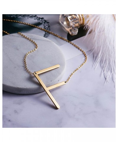 Sideways Large Initial Necklace 18k Gold Plated Stainless Steel Big Letter Script Name Monogram Pendant Necklace for Women Gi...