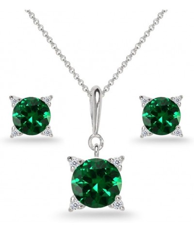 Sterling Silver Genuine or Synthetic Gemstone Studded Solitaire Necklace & Stud Earrings Set Synthetic Green Quartz $35.74 Je...