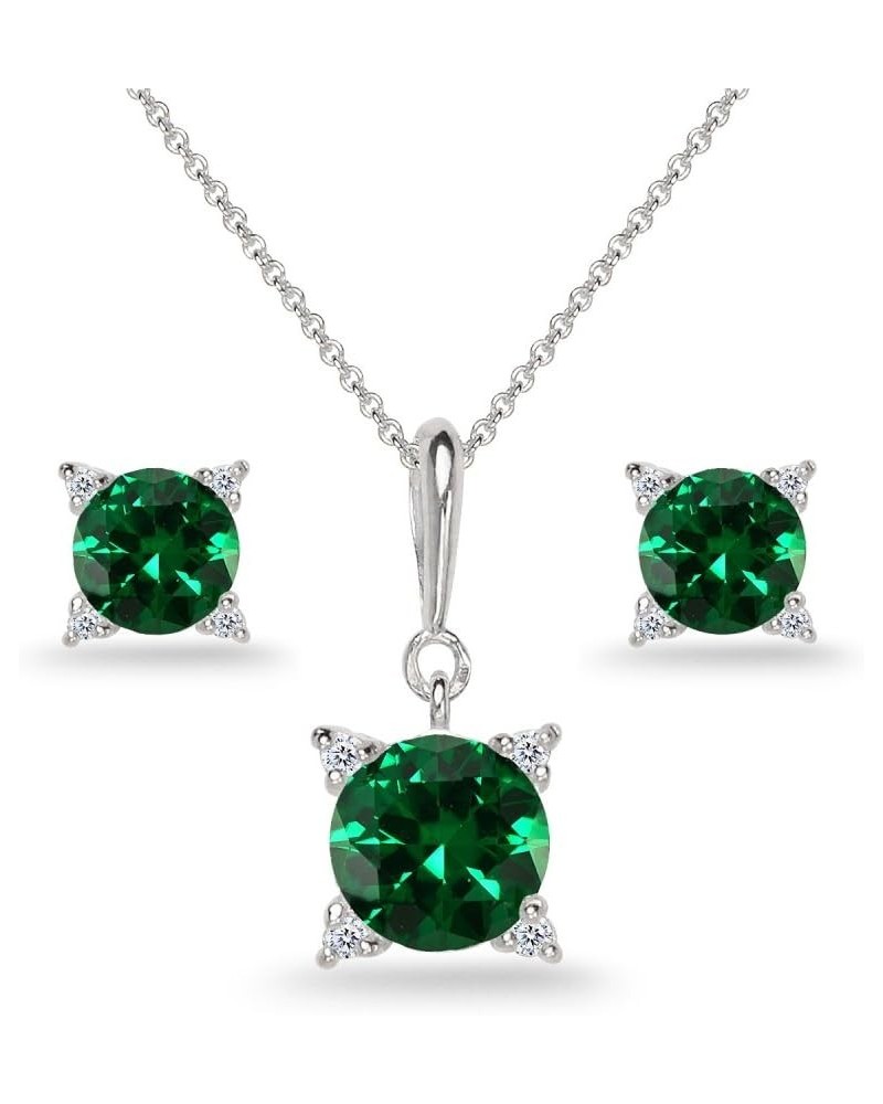 Sterling Silver Genuine or Synthetic Gemstone Studded Solitaire Necklace & Stud Earrings Set Synthetic Green Quartz $35.74 Je...