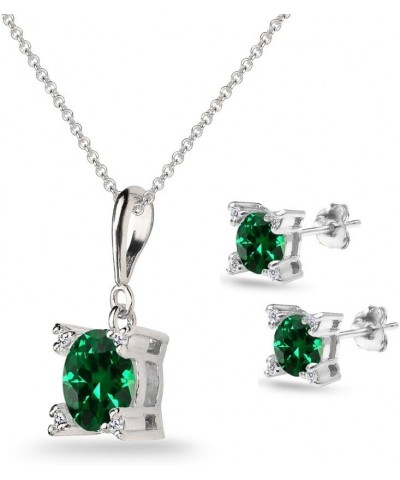 Sterling Silver Genuine or Synthetic Gemstone Studded Solitaire Necklace & Stud Earrings Set Synthetic Green Quartz $35.74 Je...