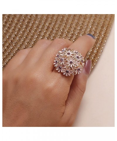 Exquisite Daisy Flower Statement Ring for Women Girls Gold Plated Pink Cubic Zirconia Open Band Wrap Expandable Adjustable Bi...