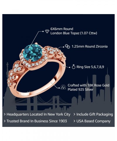 18K Rose Gold Plated Silver London Blue Topaz Ring For Women (1.07 Cttw, Gemstone Birthstone, Available In Size 5, 6, 7, 8, 9...