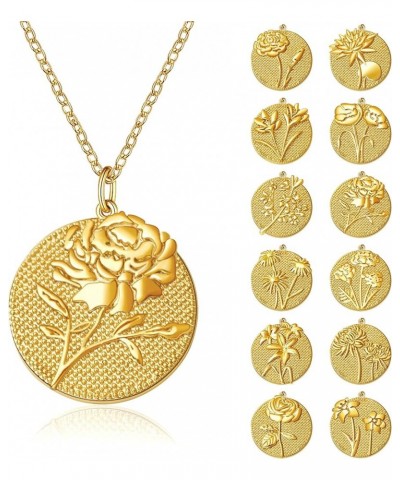 Carved Birth Month Flower Coin Necklace, Dainty Floral 18K Yellow Gold Plated Round Disc Birthday Jewelry Gift for Women Teen...