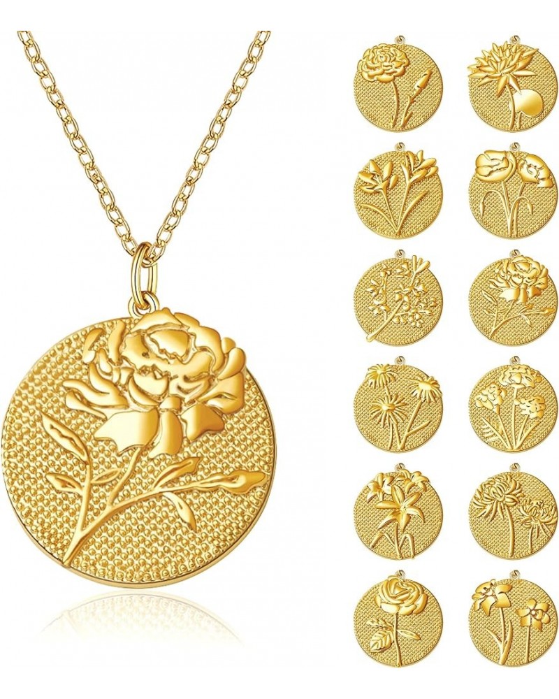 Carved Birth Month Flower Coin Necklace, Dainty Floral 18K Yellow Gold Plated Round Disc Birthday Jewelry Gift for Women Teen...