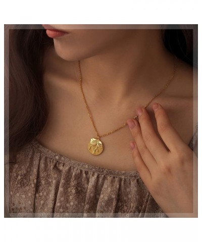 Carved Birth Month Flower Coin Necklace, Dainty Floral 18K Yellow Gold Plated Round Disc Birthday Jewelry Gift for Women Teen...