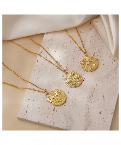 Carved Birth Month Flower Coin Necklace, Dainty Floral 18K Yellow Gold Plated Round Disc Birthday Jewelry Gift for Women Teen...