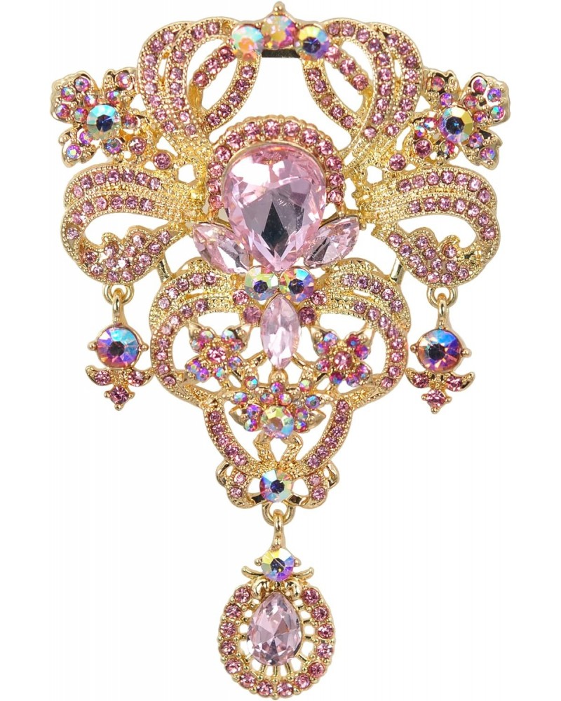 Womens 3.66 Inch Aurora Borealis Pink Crystal Rhinestones Wedding Flower Bouquet Teardrop Brooch Pin $14.99 Brooches & Pins