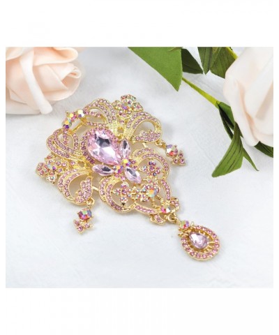 Womens 3.66 Inch Aurora Borealis Pink Crystal Rhinestones Wedding Flower Bouquet Teardrop Brooch Pin $14.99 Brooches & Pins