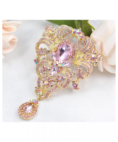 Womens 3.66 Inch Aurora Borealis Pink Crystal Rhinestones Wedding Flower Bouquet Teardrop Brooch Pin $14.99 Brooches & Pins