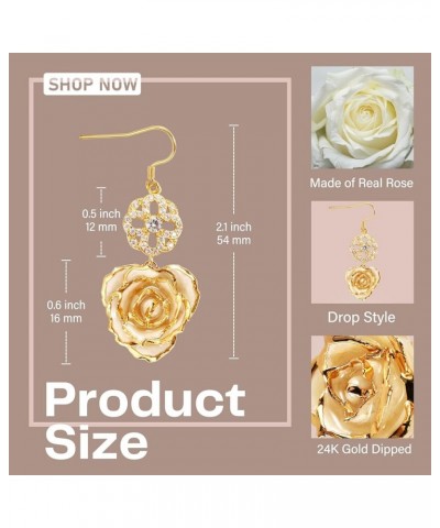 24K Gold Dipped Real Rose Earrings - Dangle Drop Earrings Best Gift for Women Wife Mom Anniversary Mother's Day Birthday Vale...