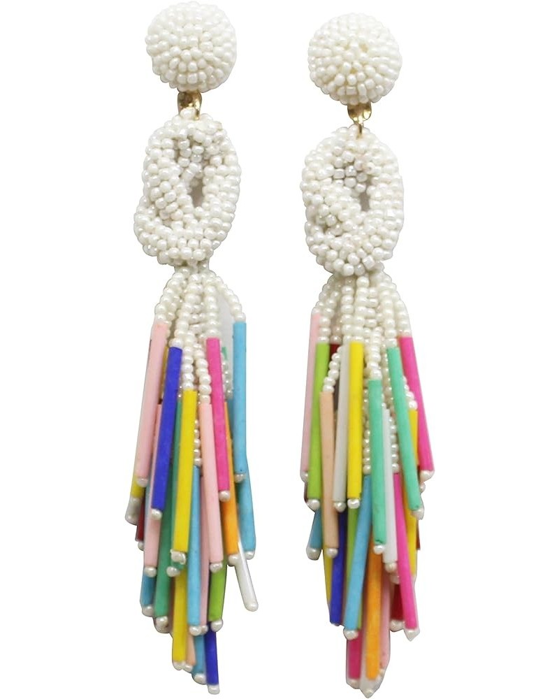 Handmade Beaded Solid Color Post Statement Earrings for Women Girl All Season 4 inch Long White Pearl Multi $11.59 Earrings