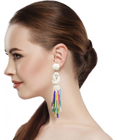 Handmade Beaded Solid Color Post Statement Earrings for Women Girl All Season 4 inch Long White Pearl Multi $11.59 Earrings