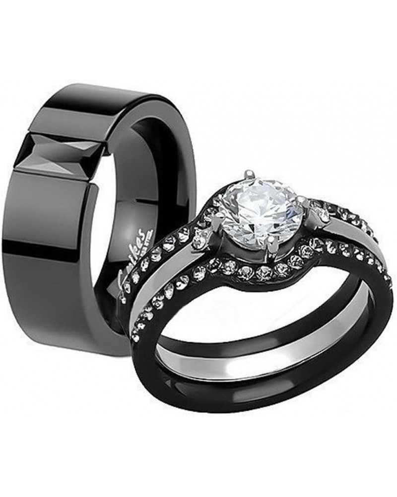 His and Hers 4 Piece?Black Ion Plated Stainless Steel Wedding Engagement Ring Band Set Women's Size 05 Men's 08mm Size 11 $22...