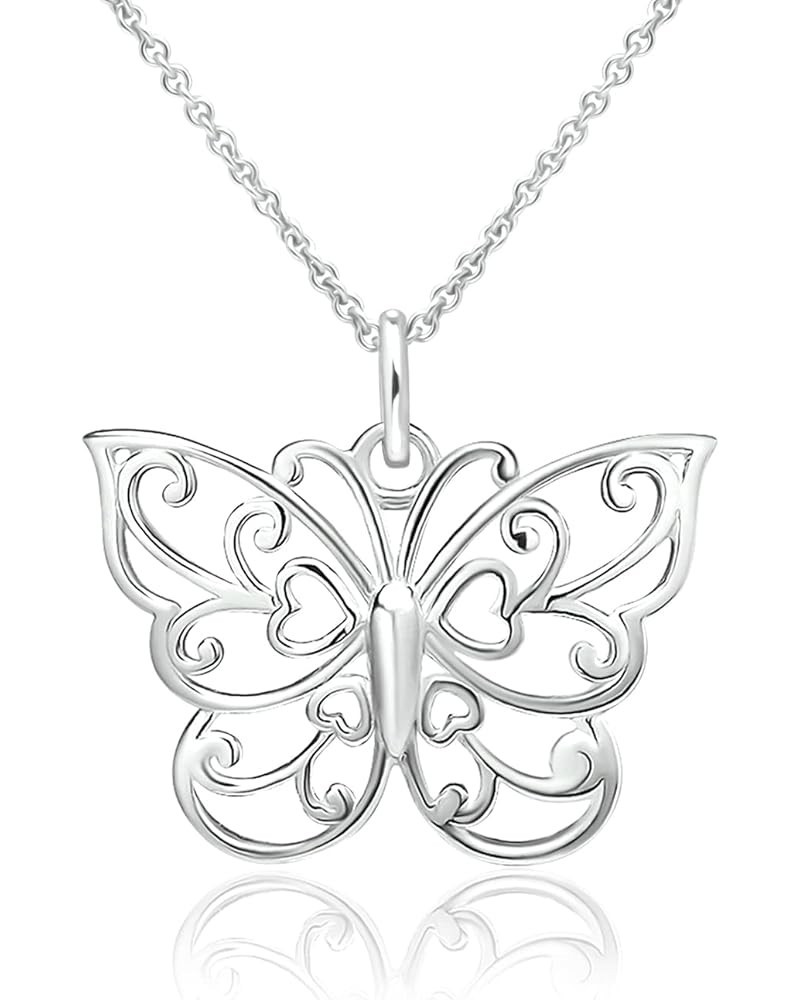 Sea of Ice Silver Butterfly Necklace – 18 Inch Sterling Silver Butterfly Chain – Elegant Filigree Pendant Necklace for Women,...