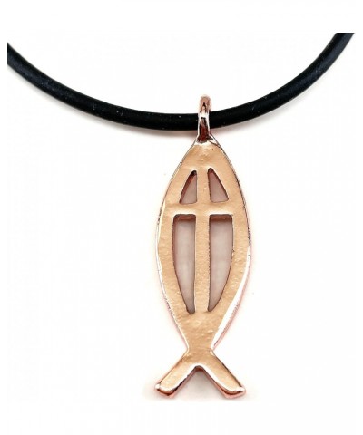 Jesus Fish Large Ichthus Cross Copper Metal Finish Pendant Black Rubber Necklace $9.89 Necklaces