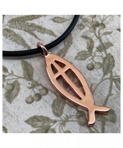 Jesus Fish Large Ichthus Cross Copper Metal Finish Pendant Black Rubber Necklace $9.89 Necklaces