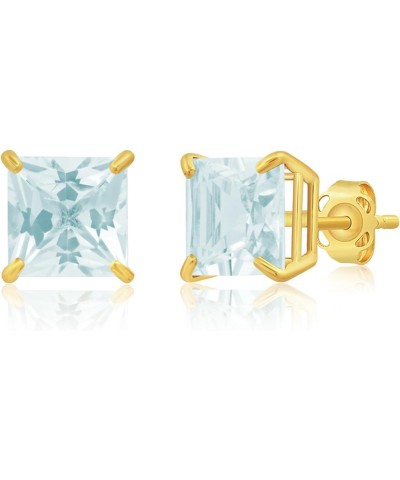 14k White or Yellow Gold Princess Cut Gemstone Square Stud Earrings for Women 7mm Solitaire Birthstone with Push Backs Aquama...