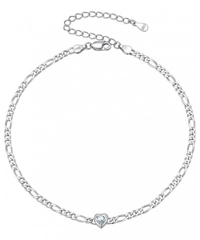 925 Sterling Silver Heart/Round Birthstone Figaro Chain Anklet for women Simple Dainty Summer Beach Ankle Bracelet 04. Heart ...