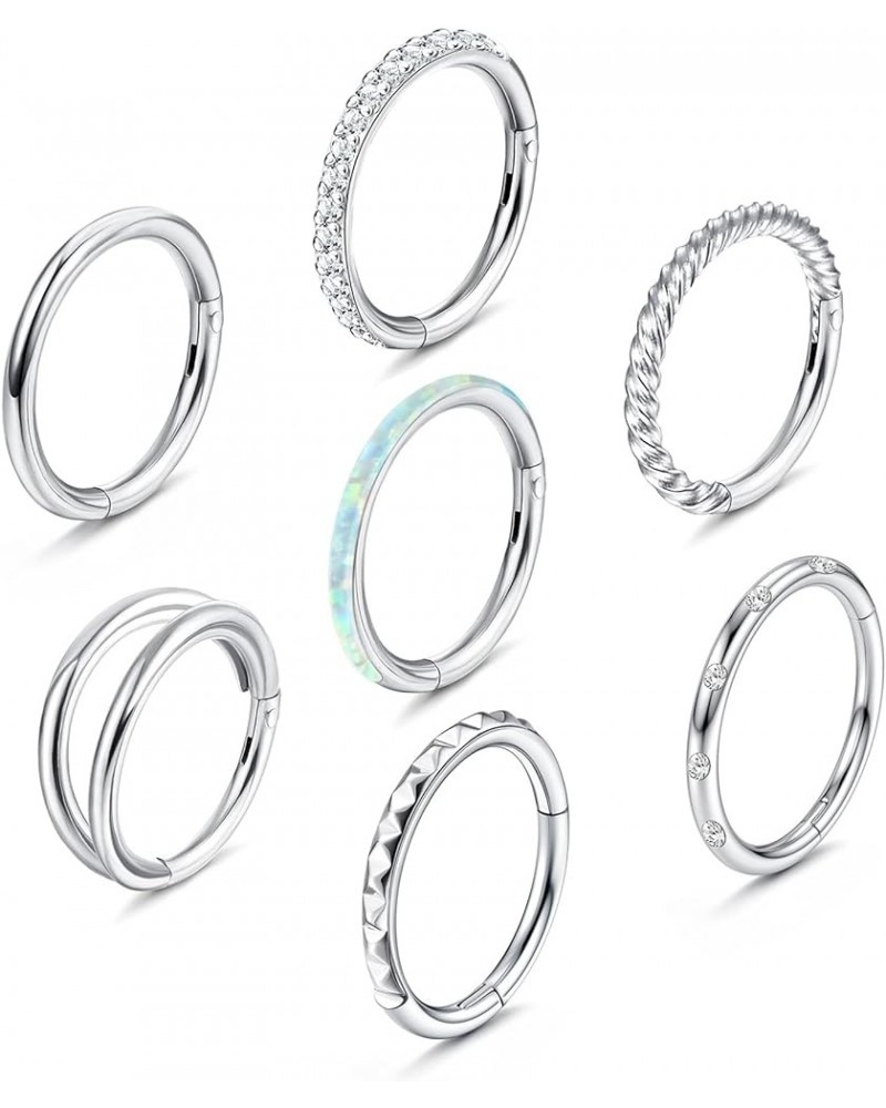 7Pcs 18G 16G Surgical Steel Nose Rings Hoops for Women Men Opal CZ Clicker Hinged Segment Septum Lip Hoop Nose Rings Helix Ca...