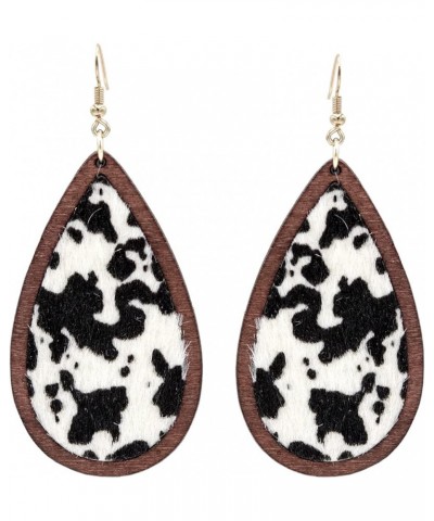 Cow Print Earrings Lightweight Leather Wood Teardrop Hook Earrings Handmade Hypoallergenic Earrings For Women Girls Dangle Dr...