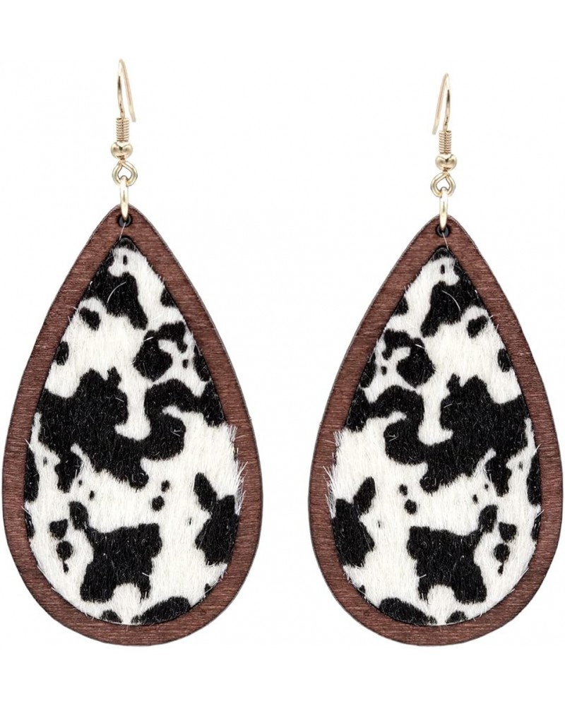 Cow Print Earrings Lightweight Leather Wood Teardrop Hook Earrings Handmade Hypoallergenic Earrings For Women Girls Dangle Dr...