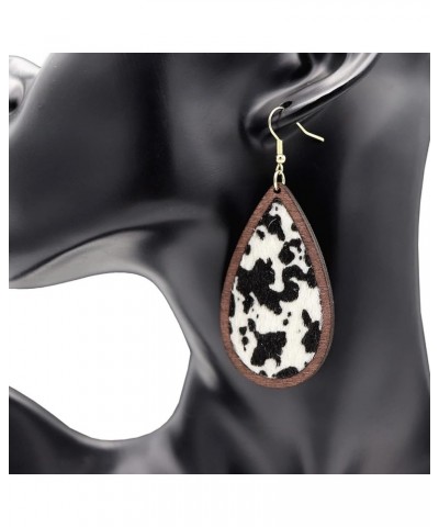 Cow Print Earrings Lightweight Leather Wood Teardrop Hook Earrings Handmade Hypoallergenic Earrings For Women Girls Dangle Dr...